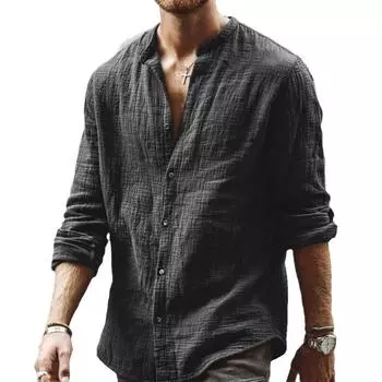 Мужская осенняя рубашка свободного покроя, однотонная, повседневная, с воротником-стойкой и длинными рукавами, льняной кардиган S темно-серого