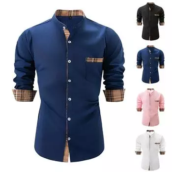 Мужская осенняя рубашка свободного покроя с длинным рукавом в клетку с цветными блоками на пуговицах L чёрный