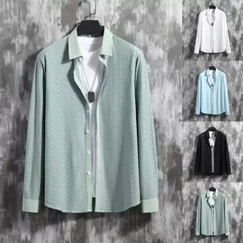 Мужская осенняя рубашка свободного покроя с открытыми карманами и воротником-стойкой, однотонная, с длинным рукавом L синий