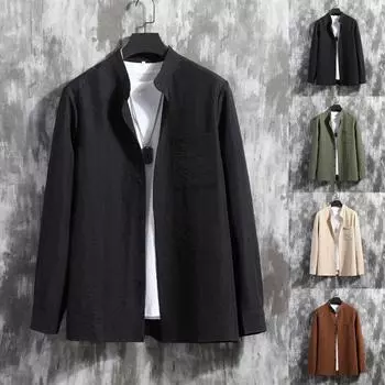 Мужская осенняя рубашка свободного покроя с плиссировкой на пуговицах, однотонная, с воротником-стойкой и длинным рукавом XXL кофейный