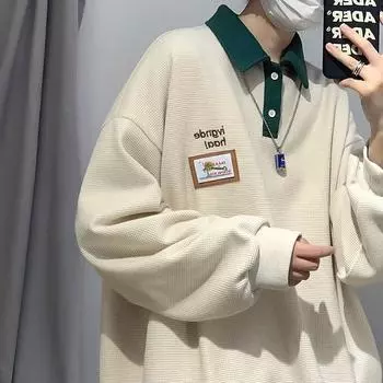 Мужская осенняя вафельная рубашка поло: Свободная японская ретро-толстовка с длинным рукавом и лацканами M темно-синий