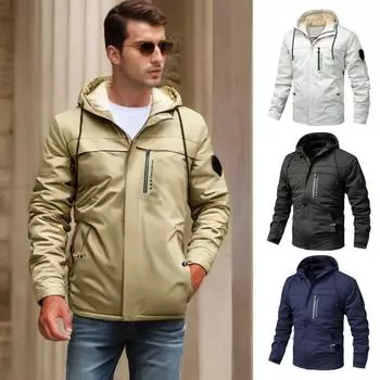 Мужская осенняя ветровка с капюшоном и карманами на молнии, утолщенная подкладка, однотонная повседневная толстовка с капюшоном для зимнего активного отдыха XS хаки