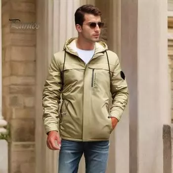 Мужская осенняя ветровка с капюшоном и карманами на молнии, утолщенная подкладка, однотонная повседневная толстовка с капюшоном для зимнего активного отдыха XS хаки