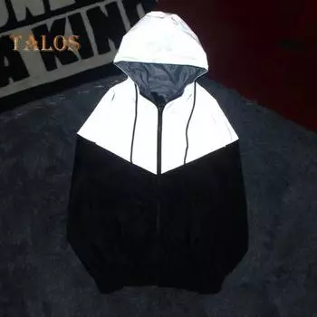 Мужская осенняя ветровка с капюшоном, завязками на шнурке, длинными рукавами, светоотражающая куртка с цветными блоками, пальто на молнии, карманы, уличный стиль, верхняя одежда M чёрный