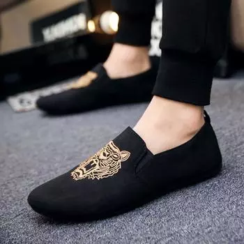 Мужская парусиновая модная одношаговая повседневная обувь в корейском стиле, модные дышащие лоферы на плоской подошве 39 чёрный/жёлтый