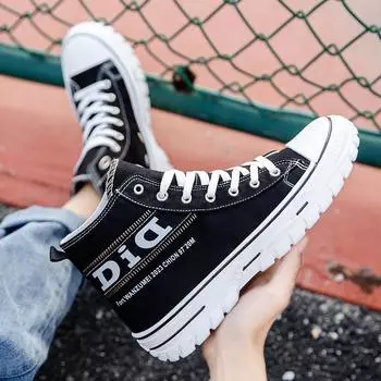 Мужская парусиновая обувь 2025 Весна Корейский стиль Высокий верх Дышащая повседневная обувь Удобная обувь на шнуровке на платформе Tenis Masculino 39 чёрный