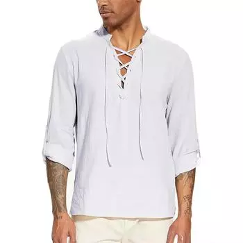 Мужская пиратская рубашка, средневековые рубашки викингов с воротником хенли, рубашки из хлопка и льна с завязками, с V-образным вырезом, топы для пляжа, весна-лето S белый