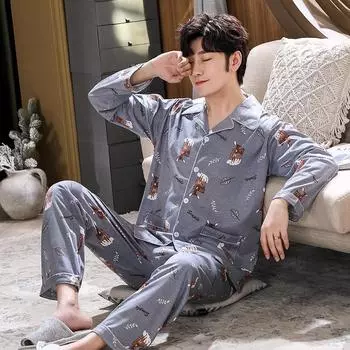 Мужская пижама большого размера, осенне-зимняя, с рисунком пятнистого оленя, с длинными рукавами, длинные брюки, повседневная домашняя одежда, одежда для сна, комплект из 2 предметов, одежда для отдыха L