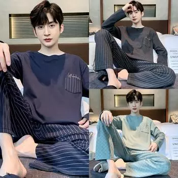 Мужская пижама из 2 предметов, мужские весенние и осенние модели из хлопка, брюки с длинными рукавами, повседневный домашний костюм для мальчиков XL зелёный