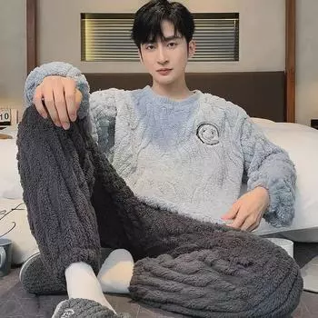 Мужская пижама из кораллового флиса — плотная, теплая зимняя фланель для подростков и старшеклассников XXL (140-160 jin)
