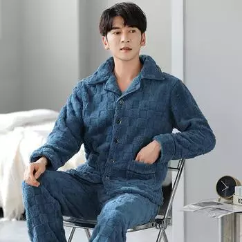 Мужская пижама из плотной фланели: Теплый кардиган из кораллового флиса для осени и зимы XL