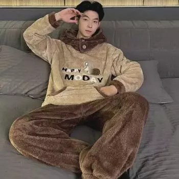 Мужская пижама из плотной флисовой фланели кораллового цвета — теплая, в спортивном стиле, большого размера, осенне-зимняя домашняя одежда. XXL