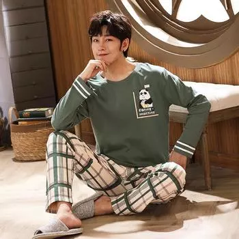 Мужская пижама комплект хлопка мужчины мода длинные рукава брюки домашний костюм мультфильм повседневный из двух частей пижамы L серый/тёмно-синий