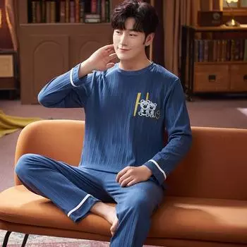 Мужская пижама, новая мужская пижама с длинным рукавом, ночная рубашка для влюбленных, милая мультяшная пижама, домашняя одежда L серый/темно серый