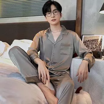 Мужская пижама Осень и зима Длинные брюки с длинными рукавами Шелковая пижама Домашняя одежда Молодежный кардиган Однотонная ночная одежда Домашняя одежда L