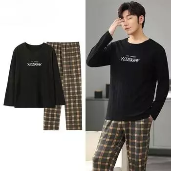 Мужская пижама осень-зима шикарная джентльменская пижама модная мужская повседневная одежда для сна клетчатые брюки хлопковый пижамный комплект L