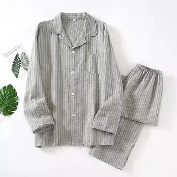 Мужская пижама в вертикальную полоску с длинным рукавом, марлевая мужская пижама, простая хлопковая ночная рубашка из 2 предметов, комплект для отдыха, домашняя одежда M серый