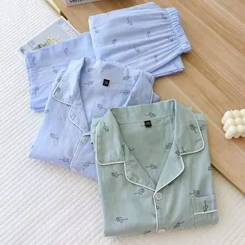 Мужская пижама, зимние брюки с длинными рукавами из чистого хлопка, простые очки, принт, домашний костюм, осенняя пижама, мужская одежда для сна M