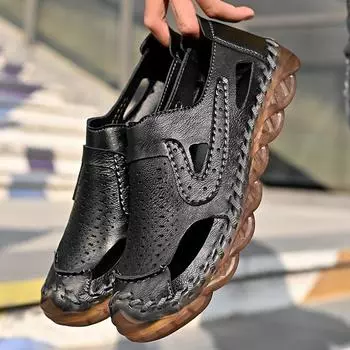 Мужская пляжная обувь, модные летние новые уличные мужские уличные кожаные сандалии с открытым носком, повседневные кожаные сандалии с сухожильной подошвой 38 чёрный