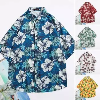 Мужская пляжная рубашка с цветочным принтом и коротким рукавом, однобортная планка, пуговицы, свободная повседневная одежда, воротник-стойка, контрастный цвет, мужская летняя рубашка, мужская одежда L красный