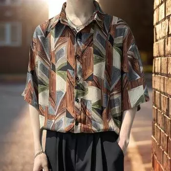 Мужская пляжная рубашка с короткими рукавами, насыщенные цвета, винтажные Гавайские свободные брюки, однобортный отложной воротник, мужская рубашка для отпуска, мужская одежда M коричневый