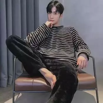 Мужская плюшевая пижама из кораллового флиса: Уютные, плотные и повседневные костюмы для подростков на осень и зиму 2024 года. L