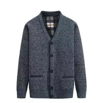 Мужская плюшевая вязаная куртка, повседневный мужской свитер, кардиган, утолщенная папина куртка с v-образным вырезом M бордовый