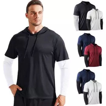 Мужская поддельная футболка из двух частей, спортивная футболка с круглым вырезом, беговые рубашки, толстовки с капюшоном, свободная одежда больших размеров, топы для фитнеса с длинными рукавами M белый
