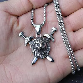 Мужская подвеска с двойным мечом в виде льва, модное ожерелье в стиле ретро, подарок для моего парня 5*4cm
