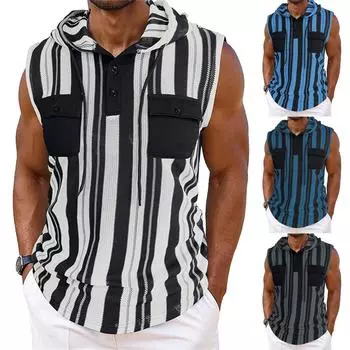 Мужская полосатая безрукавка с карманом на капюшоне, спортивная толстовка с капюшоном L чёрный