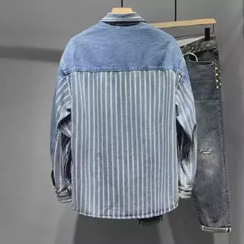 Мужская полосатая джинсовая куртка свободного кроя на весну и осень M синий