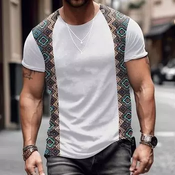 Мужская полосатая футболка, этнический стиль, 3D-принт, рубашка с короткими рукавами, ретро, повседневная, круглый вырез, лето 2023 г. S