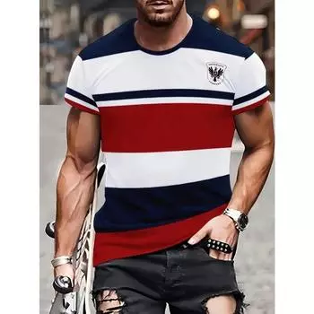 Мужская полосатая футболка из полиэстера | Повседневная футболка с круглым вырезом, слегка эластичная, летняя, с 3D-принтом, стандартного кроя, с коротким рукавом | Уличный топ для повседневной носки на выходных S красный