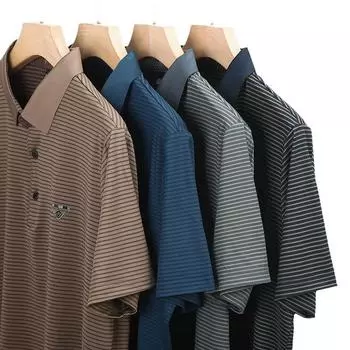 Мужская полосатая футболка с коротким рукавом, летняя одежда для пап среднего возраста, рубашка поло с лацканами, высококачественная деловая рубашка с горячим тиснением, короткий рукав 165