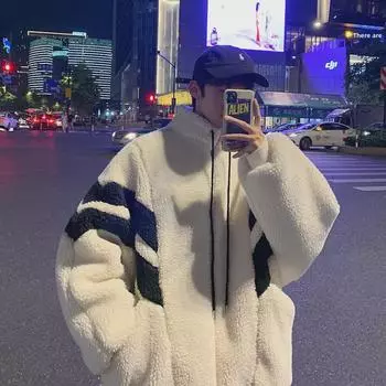 «Мужская полосатая куртка из овечьей шерсти и хлопка с воротником-стойкой 2023 года — пушистое пальто для пары Niche» M белый