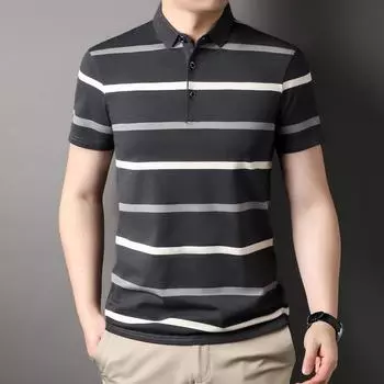 Мужская полосатая рубашка-поло с короткими рукавами, хлопковая деловая повседневная футболка для папы среднего и молодого возраста M
