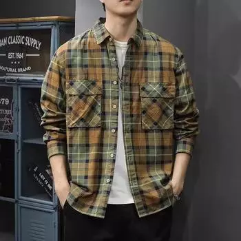 Мужская полосатая рубашка, повседневная рубашка, клетчатая рубашка, модные универсальные топы, трендовая рубашка с длинными рукавами XXXXXL зелёный