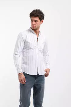 Мужская полосатая рубашка с длинным рукавом и воротником светло-коричневого цвета