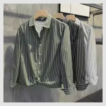 Мужская полосатая рубашка с длинным рукавом и вышивкой на лацканах — повседневная, не требующая глажки, облегающая, осенняя. M чёрный