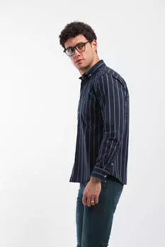 Мужская полосатая рубашка с длинным рукавом темно-синяя