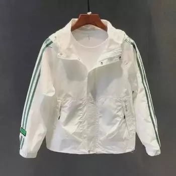 Мужская полосатая свободная куртка с капюшоном для защиты от солнца на весну и осень S белый