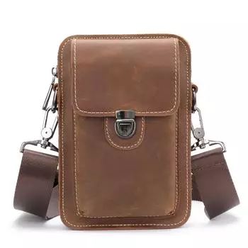 Мужская поясная сумка из натуральной кожи для мобильного телефона, многофункциональная, большой емкости, сумка на пояс из коровьей кожи с накладным ремнем коричневый