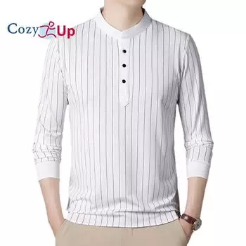 Мужская повседневная эластичная футболка Cosy Up в полоску с длинным рукавом и воротником-стойкой M белый