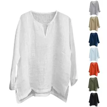 Мужская повседневная блузка, хлопковая льняная футболка, свободные топы, футболка с длинными рукавами S белый