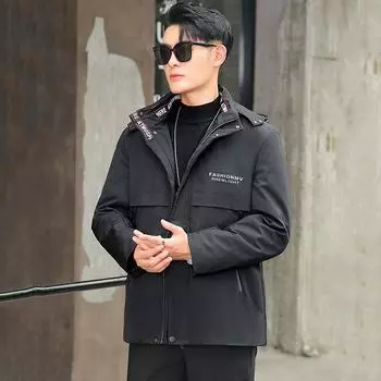 Мужская повседневная деловая парка со съемным капюшоном и утепленным пальто L чёрный