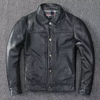 Мужская повседневная деловая повседневная куртка из натуральной кожи первого слоя в стиле ретро с лацканами, кожаная куртка среднего возраста M