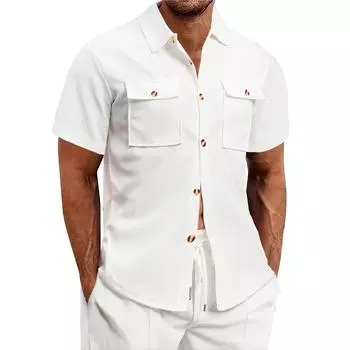 Мужская повседневная деловая рубашка однотонного цвета с коротким рукавом и двойными карманами, мужская рубашка с воротником-лацканами и застежкой на пуговицы L белый
