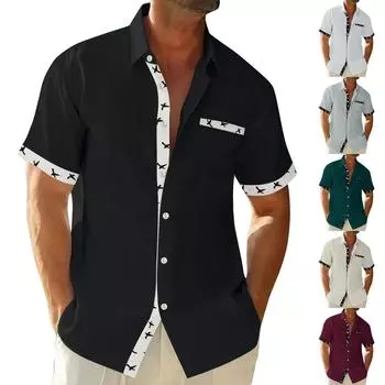 Мужская повседневная деловая рубашка с цветочным принтом и коротким рукавом, мужская рубашка с воротником-лацкан на пуговицах L чёрный