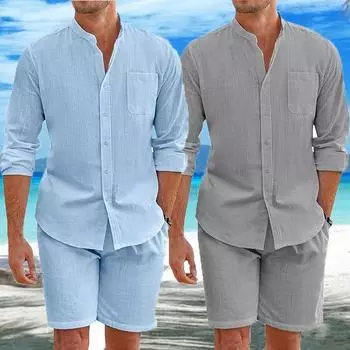 Мужская повседневная дышащая хлопковая льняная одежда Мужские винтажные рубашки с воротником-стойкой и застежкой на пуговицы и шорты Комплекты мужской одежды Летние пляжные рубашки Комплект S чёрный