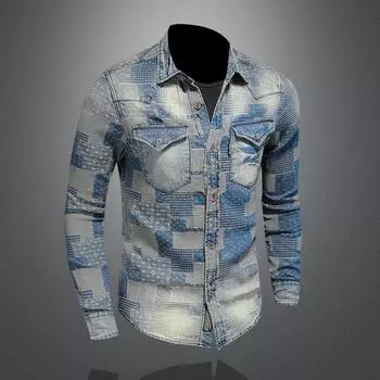 Мужская повседневная джинсовая куртка с нашивкой в стиле ретро с цветочным принтом в стиле панк M